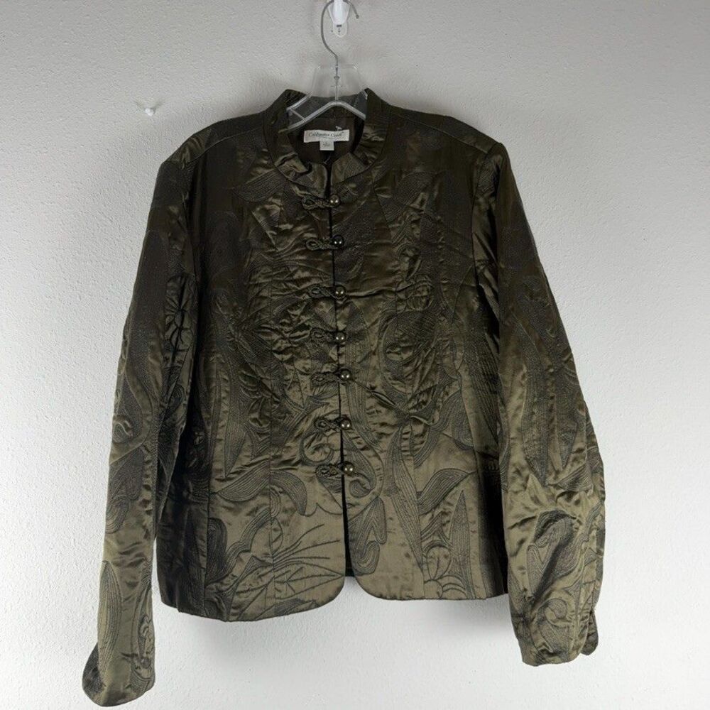 Coldwater Creek Silk Quilted Jacket Blazer L Frog Closure Embroidered Olive
